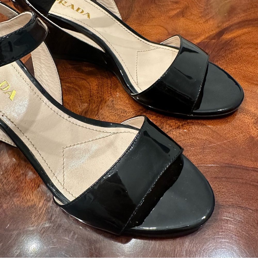 Prada Black Patent Leather Wedge Sandals - Picture 9 of 16